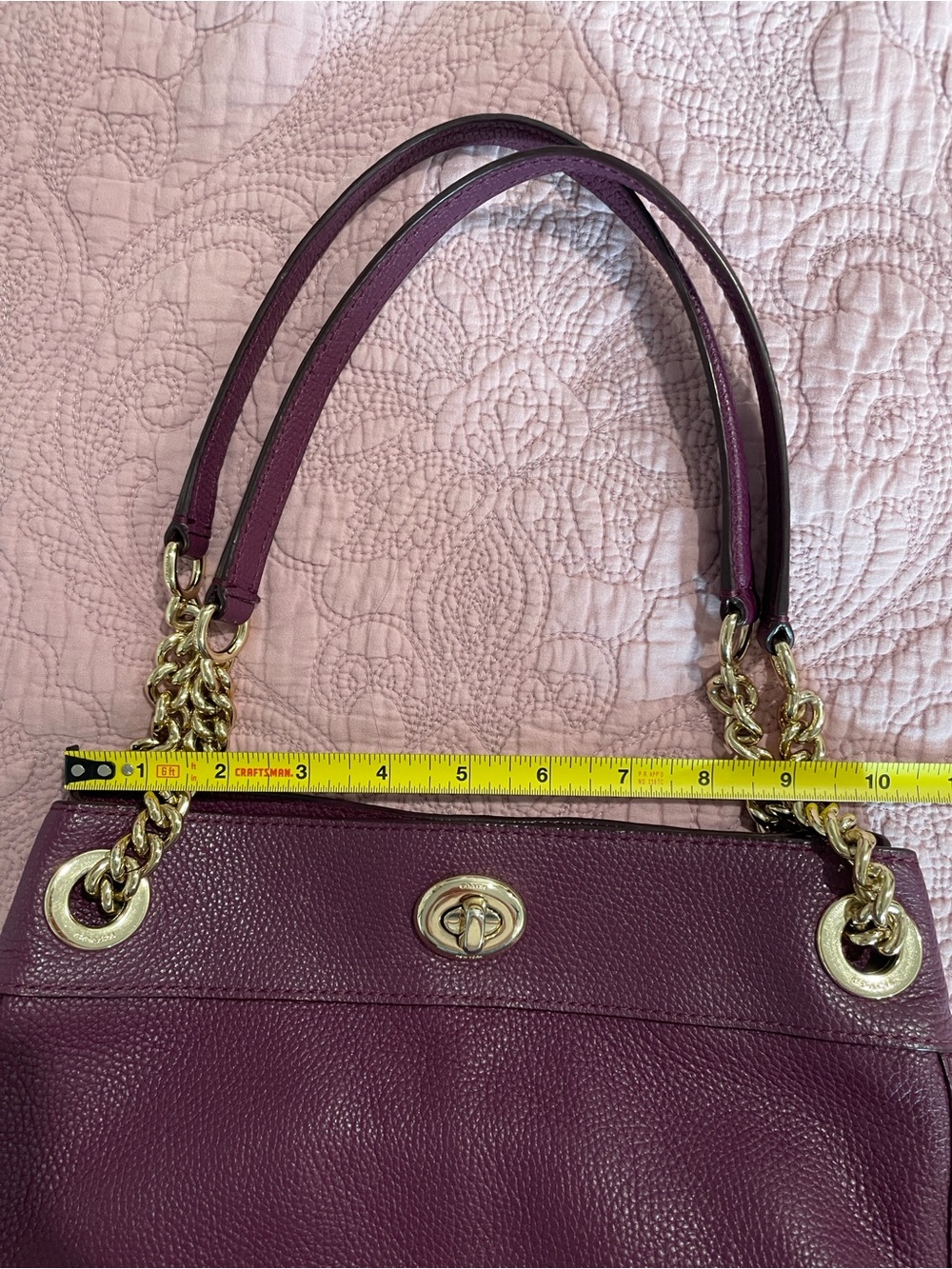Coach Turnlock Edie Purse Pebbled Leather Shoulder Bag in Plum w/ Gold Hardware - Picture 13 of 16
